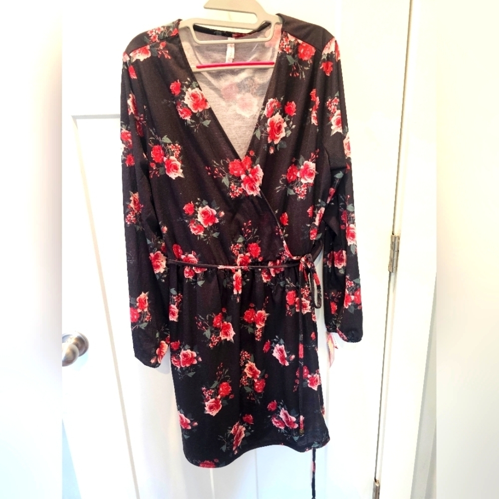 NWT Xhilaration Black Floral Faux Wrap Dress XXL | Long Sleeve Belted Mini